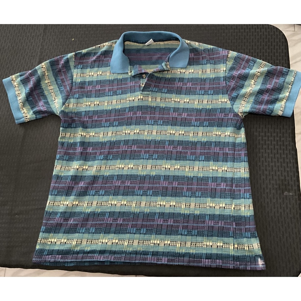 Vintage Polo Shirt Mens Large Multicolor Stripe Jacquard Knit Made USA 80s‎ 90s